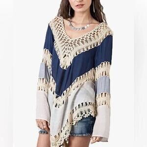 Anna Kaci Blue White Crochet Tunic Boho Swimsuit Coverup Coastal Cowgirl Hippie